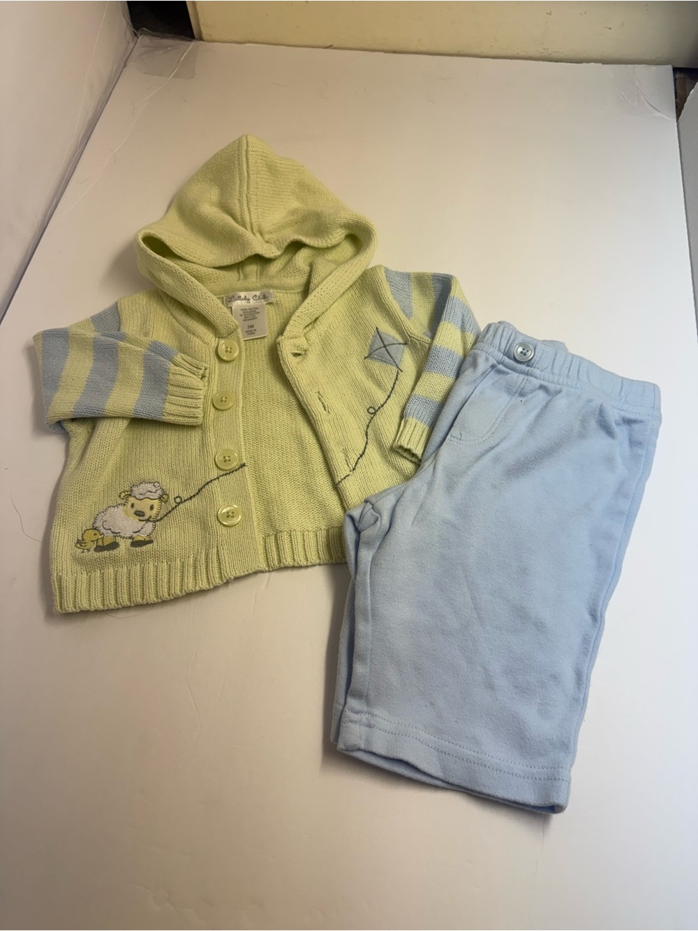 The Lullaby Club Green Hooded Baby Cardigan and Light Blue Pants Set